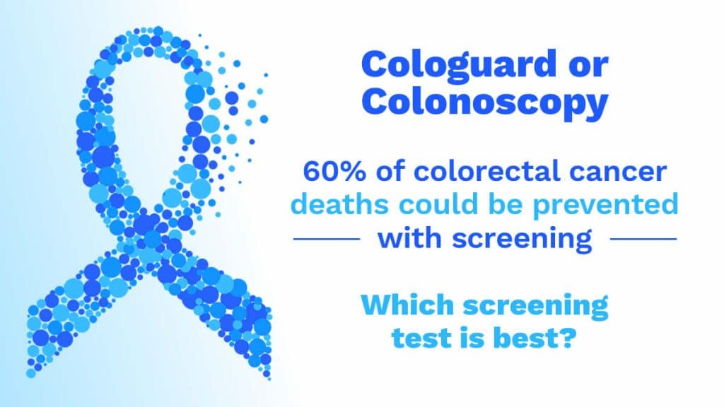 cologuard or colonoscopy? 60% of colon cancer deaths could be prevented with cancer screening. Blue colon cancer ribbon included with image